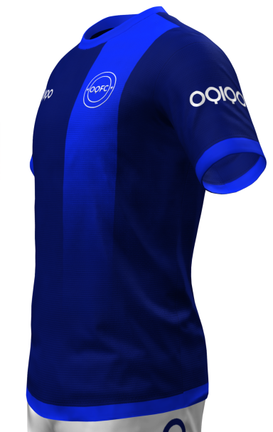 Blue sports t-shirt with light blue details and OQIQO logos on the chest and sleeves.