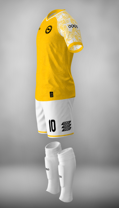 OQIQO Ethnic Football uniform in amarillo and white. Customized