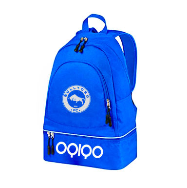 Blue backpack with OQIQO logo on the front