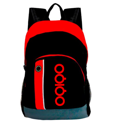 Mochila negra y roja con logo grande en el frente y correas ajustables.