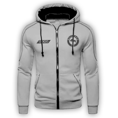 Gray zip-up hoodie with logo on the chest and drawstrings on the hood.