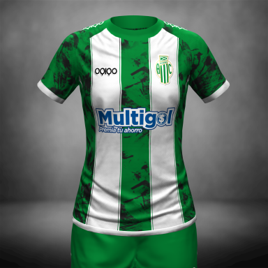 Green and white football shirt with graphic design and logos on the front.