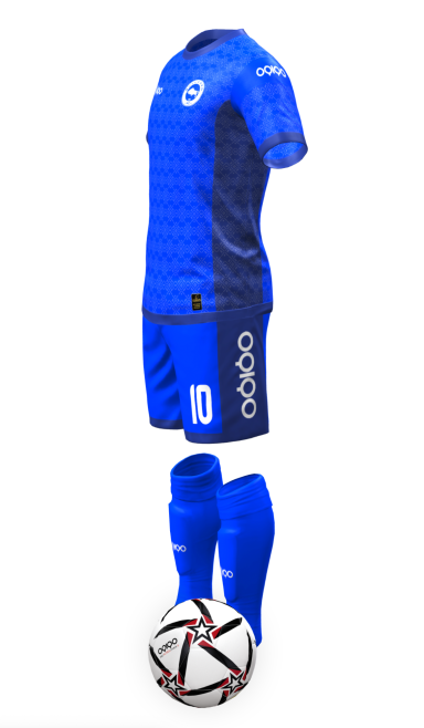 OQIQO Merida Kit blue soccer uniform, with ball, number 10, shorts and socks.