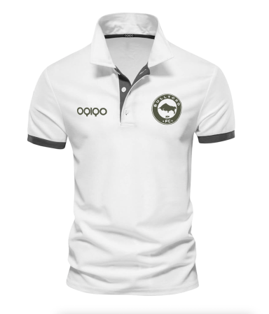 White polo shirt with gray top and logo on the left side of the chest.