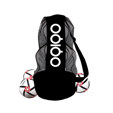 Large black bag with soccer balls on the base and detached white OQIQO logo.