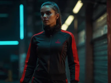Mujer con chaqueta deportiva negra y roja, de pie en un entorno industrial iluminado.
