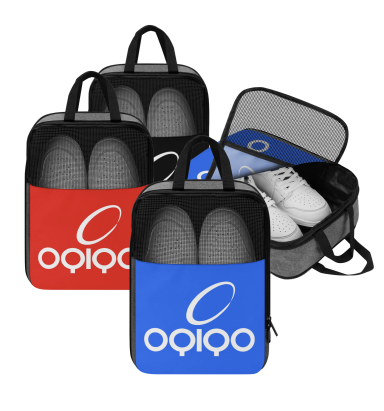 Shoe bag with visible sneakers and a brand logo OQIQO on the front.