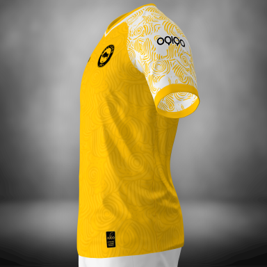 Yellow T-shirt with white details on the sleeves, logo on the chest and sleeve.