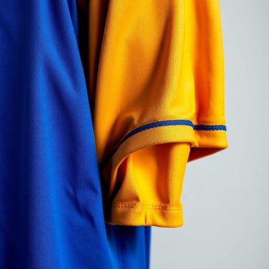 Camisas deportivas en azul y amarillo, colgadas una junto a la otra.