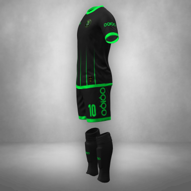 Black soccer uniform with neon green details and numbers.