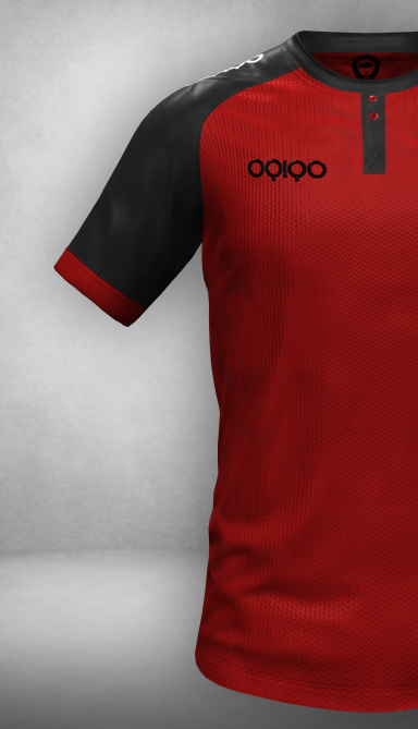 Red football jersey with black sleeves and button-down collar.