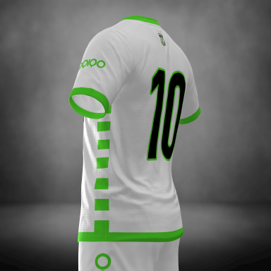 Camiseta de fútbol blanca con detalles verdes y el número 10 en negro.